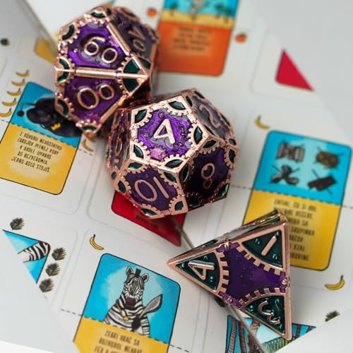 UDIXI Metal Dice Set D&D Steampunk Gear Metal DND Dice for Tabletop Games | 7PCS, Purple, Solid Metal, Metal Gift Box, DM Gift, for Dungeons and Dragons RPG Role Playing Games - color: Gear-purple With Green