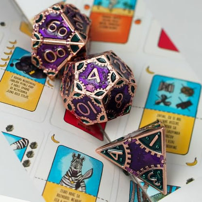 UDIXI Metal Dice Set D&D Steampunk Gear Metal DND Dice for Tabletop Games | 7PCS, Purple, Solid Metal, Metal Gift Box, DM Gift, for Dungeons and Dragons RPG Role Playing Games - color: Gear-purple With Green