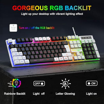 BlueFinger RGB Gaming Keyboard and Backlit Mouse Combo, USB Wired, LED Gaming Set for Laptop PC Computer Game and Work (White & Black) - color: White & Black