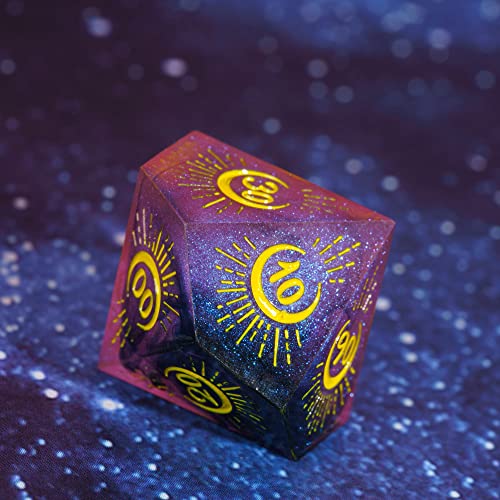 Cusdie Sharp Edges DND Dice, 7 PCs Moon Dice Set D&D Dice, Handcrafted Polyhedral Dice Set, for Role Playing Game (Moon/Purple Black) - color: Moon Pattern-purple Black