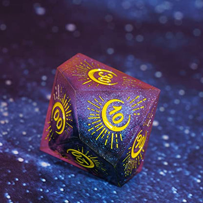 Cusdie Sharp Edges DND Dice, 7 PCs Moon Dice Set D&D Dice, Handcrafted Polyhedral Dice Set, for Role Playing Game (Moon/Purple Black) - color: Moon Pattern-purple Black