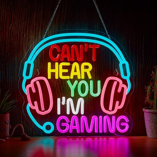 Gaming Neon Sign Can't Hear You I'm Gaming Headset Gamer LED Light Bright USB Powered Light up Headphone Game Signs with dimmer for Game Zone Video Room Boy Bedroom Wall Decor Compatible with Timer - color: Blue Red