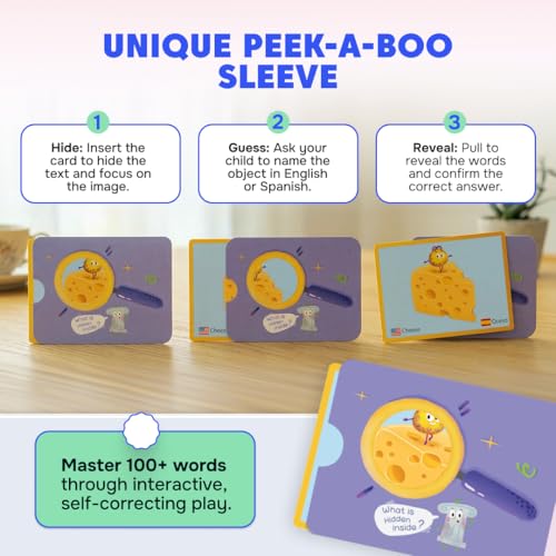 Kidrox 100 First Words Flash Cards for Toddlers, English with Spanish Learning Cards, Preschool Vocabulary & Speech Development Toy with Peek-a-Boo Sleeve for Memory Enhancement & Pattern Recognition - style: First 100 Words