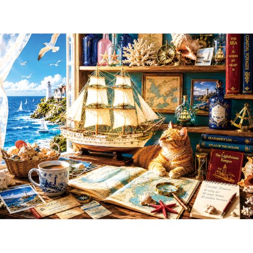 300 Piece Jigsaw Puzzle for Kids & Adults – Nautical Ocean Puzzle with Sailboat, Lighthouse, Cat and Vintage Coastal Room Scene, Family Game Puzzle Gift for Boys Girls Ages 8+, 20.5 x 15 in - color: Sailboat