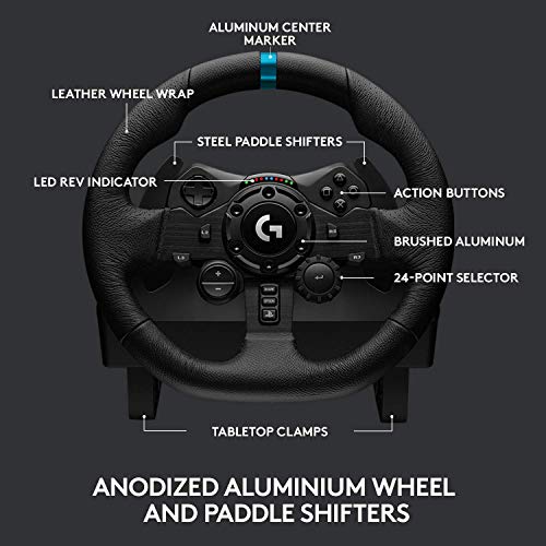 Logitech G923 Racing Wheel and Pedals for PS 5, PS4 and PC featuring TRUEFORCE up to 1000 Hz Force Feedback, Responsive Pedal, Dual Clutch Launch Control, and Genuine Leather Wheel Cover (Renewed)