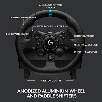 Logitech G923 Racing Wheel and Pedals for PS 5, PS4 and PC featuring TRUEFORCE up to 1000 Hz Force Feedback, Responsive Pedal, Dual Clutch Launch Control, and Genuine Leather Wheel Cover (Renewed)