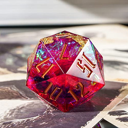 Cusdie Single D20 DND Dice with Sharp Edges and Glitter Foil Inclusions, 20 Sided D&D Dice, 33mm Handcrafted, for Role Playing Game(Rose Red/B) - color: Rose Red