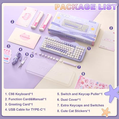 YUNZII C98 Wireless Mechanical Keyboard with Number Pad,99 Key BT5.0/2.4G/USB-C Hot Swap Gasket Mount with PBT MOA Keycaps,Custom RGB,Cute Cake Keyboard for Win/Mac (Purple, Candy Linear Switch) - color: Purple, size: Candy Linear Switch
