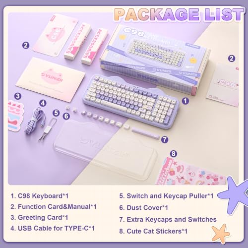 YUNZII C98 Cute Cake Wireless Mechanical Keyboard (Purple, Candy Switch) | 99 Keys with Number Pad, Hot Swap, PBT MOA Keycaps, BT5.0/2.4G/USB-C, Gasket Mount, Custom RGB Backlit for Win/Mac - color: Purple, size: Candy Linear Switch