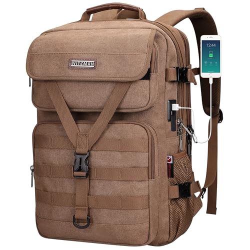 WITZMAN Canvas Travel Backpack for Men Large Laptop Backpack Fits 16 Inch | Carryon TSA Friendly Flight Approved, Vintage Luggage Bag with USB Port Airline Approved, For Weekend Trips, A8012 Brown - color: Brown