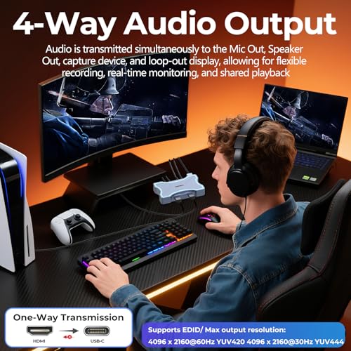 Guermok 4K HDMI Capture Card with Touch LED, Dual HDMI in/Loop-Out, USB 3.0, 4K@60Hz/ 2K@120Hz Video Capture, Mic/Line in, 4K60 Passthrough, Efficient Cooling, Streaming and Gaming for Switch2/1