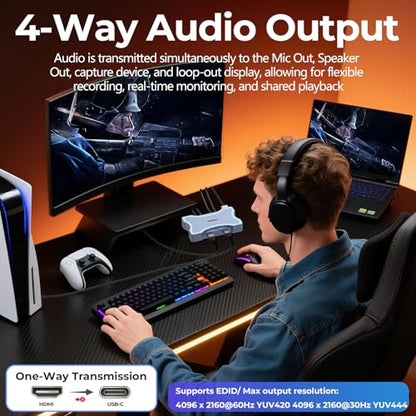 Guermok 4K HDMI Capture Card with Touch LED, Dual HDMI in/Loop-Out, USB 3.0, 4K@60Hz/ 2K@120Hz Video Capture, Mic/Line in, 4K60 Passthrough, Efficient Cooling, Streaming and Gaming for Switch2/1
