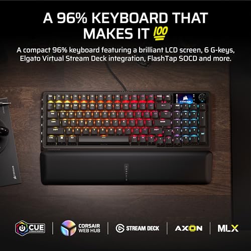 Corsair Vanguard 96 Wired Mechanical Gaming Keyboard – 96% Layout, MLX Fusion Tactile Switches, 8000Hz Polling, LCD Display, Virtual Stream Deck, G-Keys, SOCD Flashtap, QWERTY US – Black - style: Tactile Fusion Switches