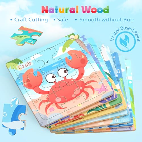 Zeoddler Wooden Puzzles for Toddlers, 8 Pack Sea Animal Jigsaw Puzzles for Kids3-5, 9 Pieces Preschool Learning Activities, Learning & Educational Toys, Gift for Boys, Girls - style: Sea Animal