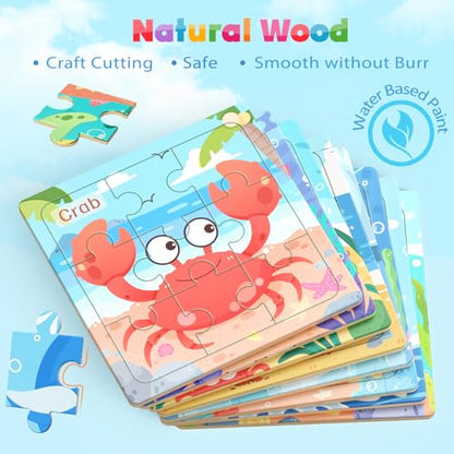 Zeoddler Wooden Puzzles for Toddlers, 8 Pack Sea Animal Jigsaw Puzzles for Kids3-5, 9 Pieces Preschool Learning Activities, Learning & Educational Toys, Gift for Boys, Girls - style: Sea Animal
