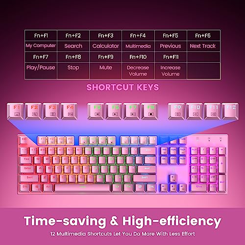 RisoPhy Mechanical Gaming Keyboard, RGB 104 Keys Ultra-Slim Backlit USB Wired Keyboard with Blue Switch, Durable ABS Keycap/Anti-Ghosting/Spill-Resistant Mechanical Keyboards for PC Mac Xbox Game,Pink - color: Pink