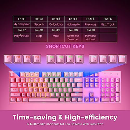 RisoPhy Mechanical Gaming Keyboard, RGB 104 Keys Ultra-Slim Backlit USB Wired Keyboard with Blue Switch, Durable ABS Keycap/Anti-Ghosting/Spill-Resistant Mechanical Keyboards for PC Mac Xbox Game,Pink - color: Pink