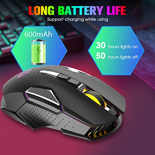 FELICON Wrieless Gaming Mouse, Silent Rechargeable Optical Sensor 3 Level DPI Computer Mice, Computer Wrieless Mouse with 7 Color LED Light for Windows/Mac/Linux/PC/Laptop(Black) - color: Black