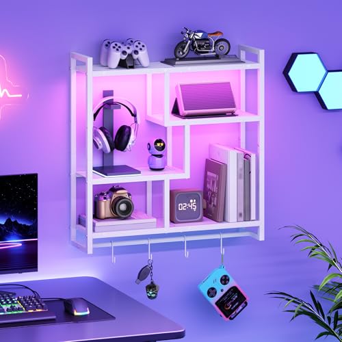 HOOBRO Gaming Floating Shelves with LED Lights, 28.7" LED Wall Mounted Shelf, 4-Tier Floating Wall Shelf for Storage, Display Rack with Hanging Bar and 4 S Hooks, for Gaming Room, White WT37DBJ01 - color: White