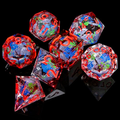 ARUOHHA Liquid Core DND Dice Set, Vampire Sharp Edged Dragons Dice Compatible with D&D RPG Role Playing Games, Resin Blood Red Polyhedral Dungeons D and D Dice with Gift Box D20 D12 D10 D8 D6 D4 - color: Rose - Red Blue
