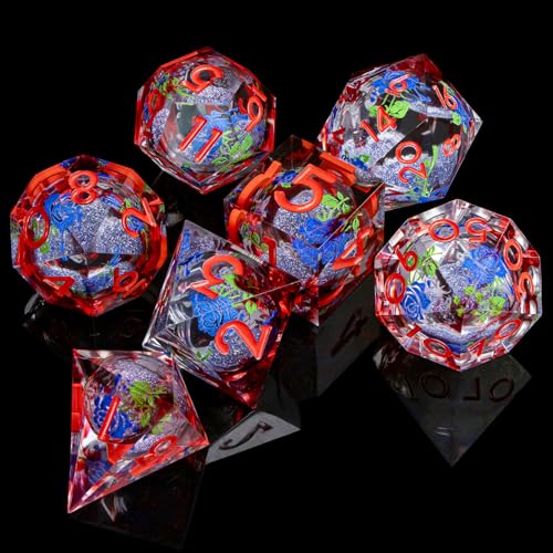 ARUOHHA Liquid Core DND Dice Set, Vampire Sharp Edged Dragons Dice Compatible with D&D RPG Role Playing Games, Resin Blood Red Polyhedral Dungeons D and D Dice with Gift Box D20 D12 D10 D8 D6 D4 - color: Rose - Red Blue