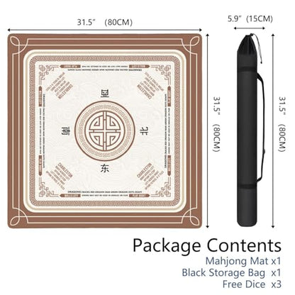 Brown Mahjong Mat with Rules, 31.5*31.5in Anti Slip American Mahjong Mat for Table, Noise Reduction, Neoprene Mah jongg Mats with Carrying Bag & 3 Dices, Mahjong Supplies Gift, Board Tile Games Mats - color: Brown01
