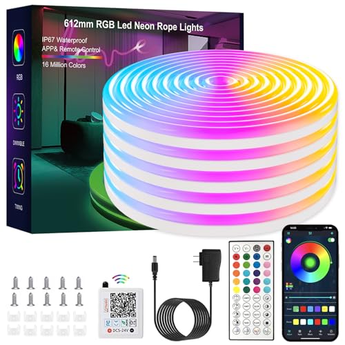 LED neon Lights,50FT RGB Neon Rope Lights,with Remote Control/APP Control,Music Sync,Timer Function,IP67 Waterproof Flexible Neon Strip Lights,for Bedroom Gaming Outdoors Decor - size: 50FT