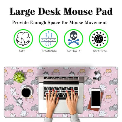 Gaming Mouse Pad Pink, Large Mousepads Computer Desk Mat, XXL Mouse Pad Gaming Non-Slip Rubber Base Waterproof with Stitched Edges, 35.4 X 15.7 inch for Work/Game/Office/Home Cartoon Cat - color: Cartoon Cat Design Pink
