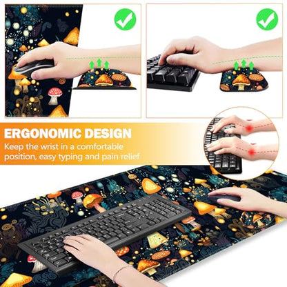 ARTSO Large Gaming Mouse Pad, Keyboard Wrist Rest Pad & Wrist Support Mousepad Set, Stitched Edge, Extended, Non-Slip Base, Memory Foam Desk Mat for Office, Home, Cute Mushrooms - color: Cute Mushrooms