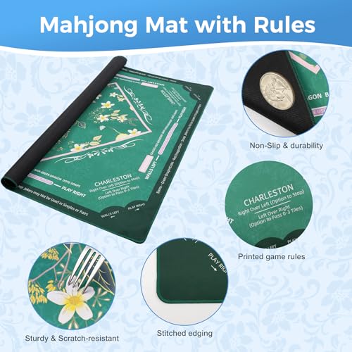 Mahjong Mat with Rules Velvet Bag No Creases Roll Shipped | 32.6"x32.6" Larger Non Slip Noise Reduction Mahjong Mat for Table with Game Mat for Mahjong Lover Player - color: Conifer