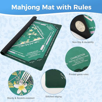 Mahjong Mat with Rules Velvet Bag No Creases Roll Shipped | 32.6"x32.6" Larger Non Slip Noise Reduction Mahjong Mat for Table with Game Mat for Mahjong Lover Player - color: Conifer