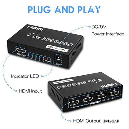 HDMI Splitter 1 in 4 Out, 4 Ports HDMI Splitter 4K@30Hz with Power Adapter, 1x4 HDMI Distributor Up to 100ft Long Distance Transmission, Support EDID 3D HD Distributor for PS4 Xbox Fire Stick HDTV