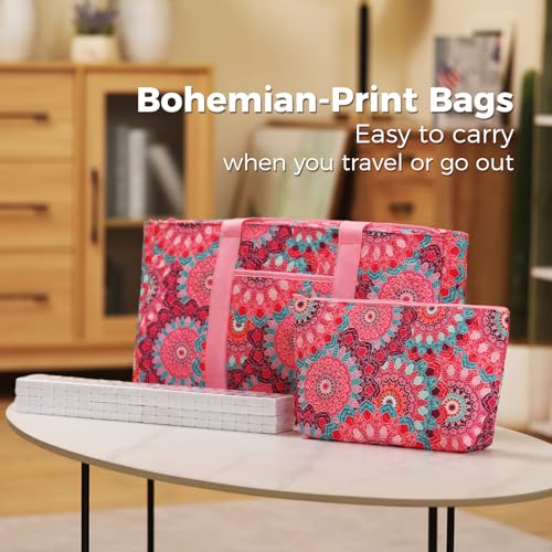 American Mahjong Tile Set with Pink Printed Carrying Bag, 166 Premium White Tiles, 4 All-in-One Color Racks/Pushers, Mah Jongg Sets, Complete Mahjong Game Set for Travel - color: Pink Print