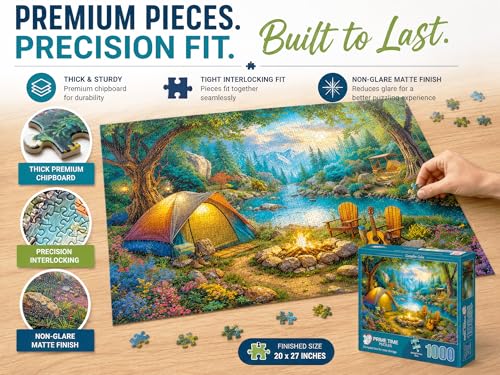 1000 Piece Jigsaw Puzzle for Adults - Tent Camping by the River - Challenging Puzzle Perfect for Game Nights - 1000 Piece for Adults. 20x27 inches - Hiking and camping in the mountains - Campfire Calm - color: Campfire Calm