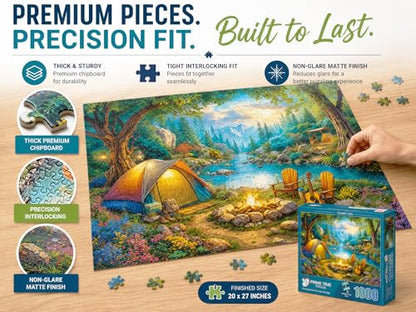 1000 Piece Jigsaw Puzzle for Adults - Tent Camping by the River - Challenging Puzzle Perfect for Game Nights - 1000 Piece for Adults. 20x27 inches - Hiking and camping in the mountains - Campfire Calm - color: Campfire Calm