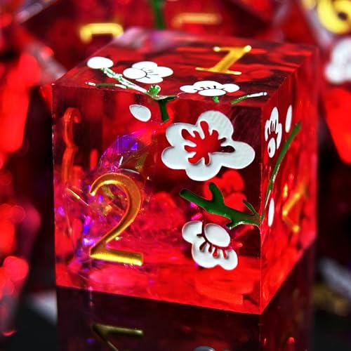 HAOMEJA Resin Flower Dice Set 7pcs/ Sharp Edged Polyhedral Dice/Apply to D&D/DND/RPG-MTG/Role Playing Table Game/Easter/Halloween Party Gift (Red & White Numbers) - color: 7 Red & White Numbers