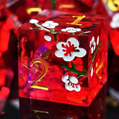 HAOMEJA Resin Flower Dice Set 7pcs/ Sharp Edged Polyhedral Dice/Apply to D&D/DND/RPG-MTG/Role Playing Table Game/Easter/Halloween Party Gift (Red & White Numbers) - color: 7 Red & White Numbers
