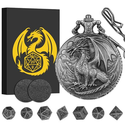 Mini DND Dice Set with Steampunk Dragon Pocket Watch Case, Tiny 7-Piece Polyhedral Metal D&D Dice, DND Gifts with Gift Box for DND Lovers, Role Playing Game Board Game Accessories Dice, Dark Silver - color: Dark Silver