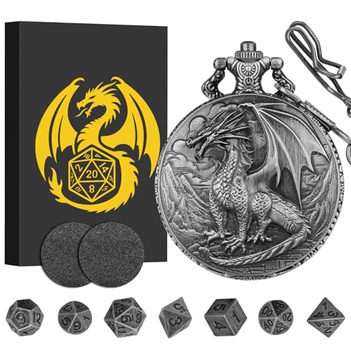 Mini DND Dice Set with Steampunk Dragon Pocket Watch Case, Tiny 7-Piece Polyhedral Metal D&D Dice, DND Gifts with Gift Box for DND Lovers, Role Playing Game Board Game Accessories Dice, Dark Silver - color: Dark Silver