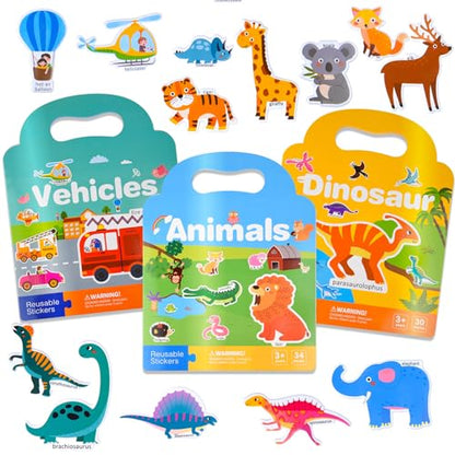 ASTARON 3 Pack Reusable 3D Puffy Sticker Book for Kids 3-6, Jelly Sticker Game Educational Sensory Learning Toy,Travel Stickers and Busy Book - style: Vehicle Animals Dinosaur