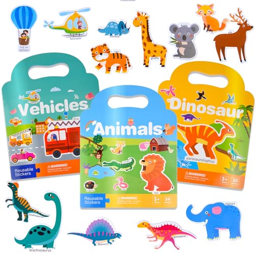 ASTARON 3 Pack Reusable 3D Puffy Sticker Book for Kids 3-6, Jelly Sticker Game Educational Sensory Learning Toy,Travel Stickers and Busy Book - style: Vehicle Animals Dinosaur