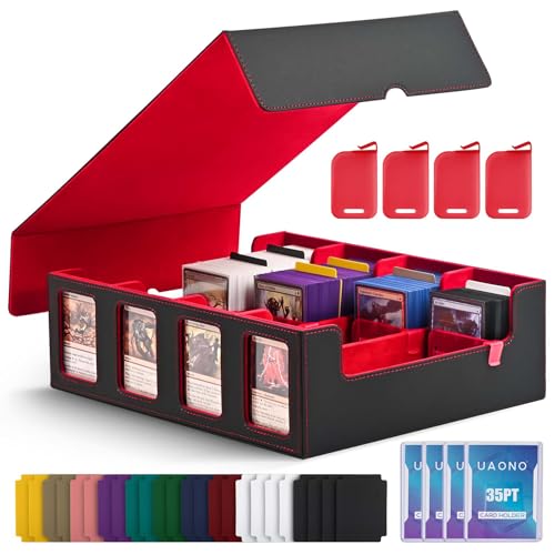 UAONO Trading Card Storage Box with Commander Display, Black Red | 2400+ Deck Box for MTG with Removable Cover, Top Loaders Card Case Fits Magic TCG PTCG Sports Cards, 24 Dividers, 4 Stoppers - color: Black&Red, size: 4 row