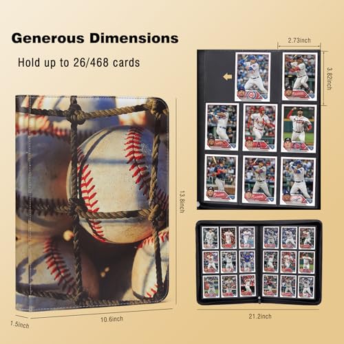 Baseball Card Binder 468 Double Sided Pockets for Your Topps Gems, Waterproof PU Leather with Zipper,Mint Condition Protection for The Moments You,Gift for True Collectors and Fans - style: Baseball