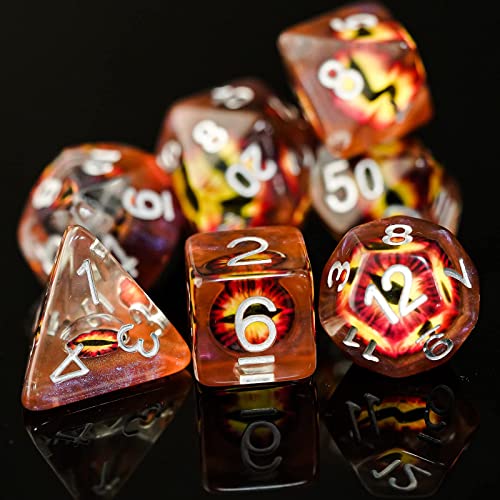 Cusdie 7-Die DND Dice, Polyhedral Dice Set Filled with Eyeball, for Role Playing Game D&D Dice (Brown Eyeball) - color: Brown Eyeball