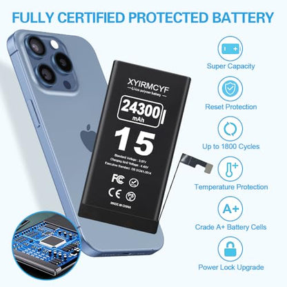 XYIRMCYF 24300mAh Super Capacity Battery Compatible with iPhone 15, 0 Cycle Li-Polymer Replacement Battery for iPhone 15, with Professional Repair Tool Kit - color: 15-24300