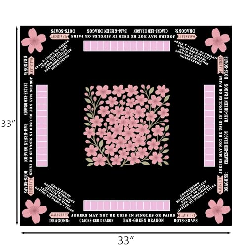 American Mahjong Mat with Rules Printed (33x33, 2.5mm Thick, Cherry Blossom Black) Mahjong Mat for Table w/Bag, Crease-Proof Waterproof Non-Slip, Soft Mahjong Table Mat, Noise Reduction - color: Cherry Blossom Black Mat