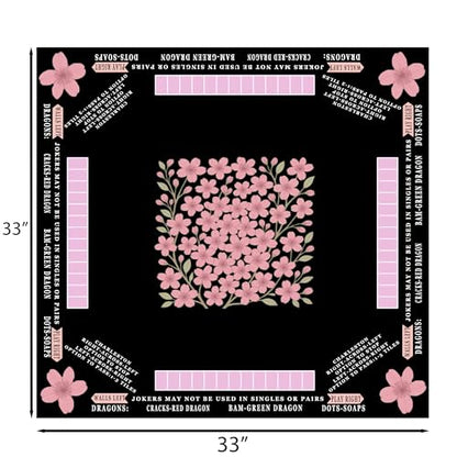 American Mahjong Mat with Rules Printed (33x33, 2.5mm Thick, Cherry Blossom Black) Mahjong Mat for Table w/Bag, Crease-Proof Waterproof Non-Slip, Soft Mahjong Table Mat, Noise Reduction - color: Cherry Blossom Black Mat