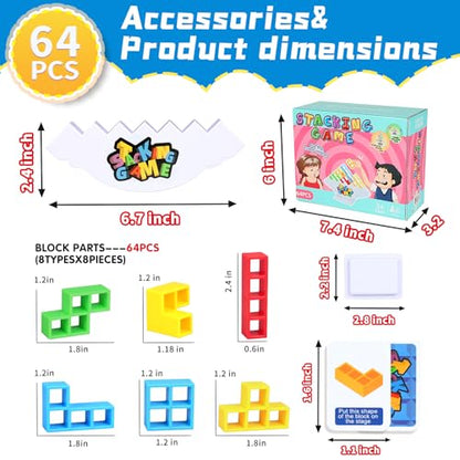 BBnote 64PCS Stack Game for Adult & Kids, Tetra Board Tower Games for Family Travel Party, 2 Players Balance Stacking Toy, Team Toys Building Block - size: 64PCS- 1 Base