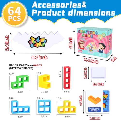 BBnote 64PCS Stack Game for Adult & Kids, Tetra Board Tower Games for Family Travel Party, 2 Players Balance Stacking Toy, Team Toys Building Block - size: 64PCS- 1 Base