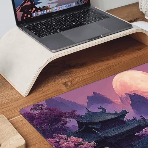 Large Gaming Desk Mat, Fantasy Japanese Temple Design, Purple, 35.4" x 15.7", Non-Slip Rubber Base, Stitched Edges - color: Modern starry sky pattern print